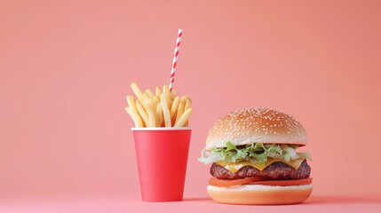 Poster - A burger with cheese and lettuce beside a cup of fries and a straw against a pink background.