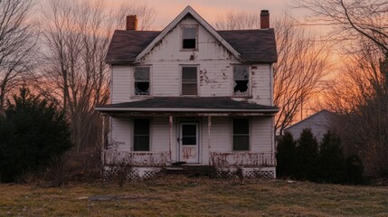 Poster - An abandoned, weathered house at sunset, showcasing decay and neglect.