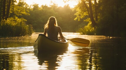 Wall Mural - A serene scene of a person kayaking on a calm river during sunset.