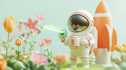 Wall Mural - A whimsical astronaut holds a futuristic gadget amidst colorful flowers and a rocket.