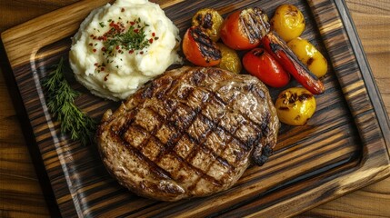 Wall Mural - A delicious meal featuring grilled steak, mashed potatoes, and colorful roasted vegetables.