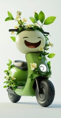 Sticker - A cheerful green scooter adorned with plants and flowers, symbolizing eco-friendliness.