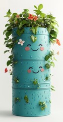 Sticker - A cheerful, stacked planter with smiling faces, adorned with vibrant green plants and flowers.