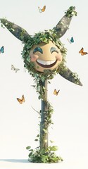 Sticker - A whimsical character with a smiling face, adorned with leaves and surrounded by butterflies.