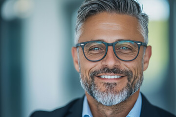 Wall Mural - A close-up portrait of a smiling man with graying hair wearing glasses.