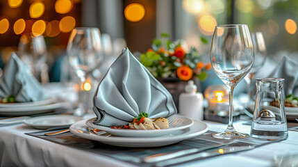 Elegant dining table with folded napkin and decorative centerpiece..