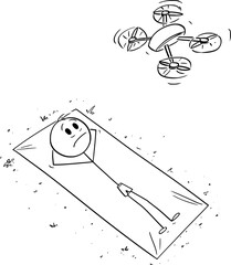 Wall Mural - Privacy Invading Drone and Person Sunbathing on Blanket , Vector Cartoon Stick Figure Illustration