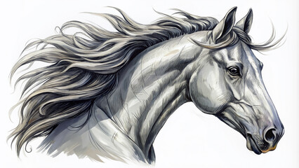 Naklejka na meble A beautiful, detailed sketch of a majestic horse's head in various shades of gray, with bold lines and subtle texture, on a white background.