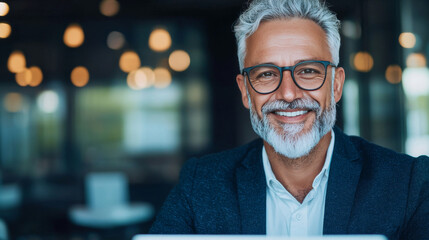 Wall Mural - Smiling man with gray hair wearing glasses in a cafe.