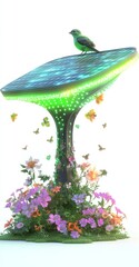 Canvas Print - A futuristic structure resembling a mushroom, surrounded by flowers and butterflies.