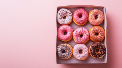 Wall Mural - A box of colorful donuts arranged neatly on a pink background.