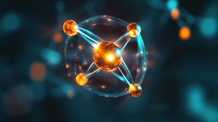 Wall Mural - A digital illustration of an atom with glowing particles representing electrons and protons.