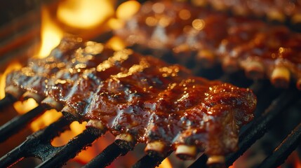 Juicy barbecue ribs sizzling on a grill, coated in a rich, sticky sauce.