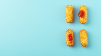 Canvas Print - Four golden, crispy snacks with ketchup on a blue background, suggesting a tasty treat.