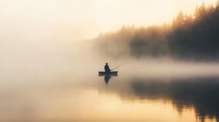 Sticker - A solitary fisherman in a misty lake at dawn, reflecting tranquility and nature's beauty.