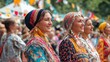 © sirisakboakaew - Kalmykian women participating in a traditional festival, wearing colorful Kalmykian dresses, with a lively crowd and festive decorations