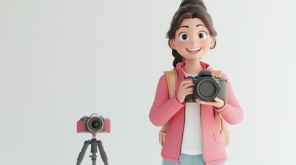 Canvas Print - A cheerful character holds a camera, with another camera on a tripod beside her.