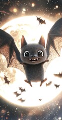 Canvas Print - A cute cartoon bat with big eyes and a cheerful expression flying against a full moon backdrop.