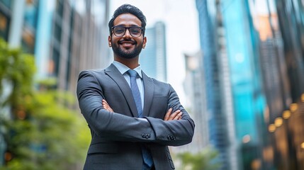 indian businessman in the urban cityscape exuding optimism and ambition as he navigates corporate success and professional leadership opportunities