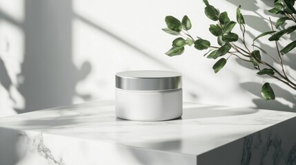 Sticker - A minimalist skincare jar on a marble surface with soft shadows and greenery.