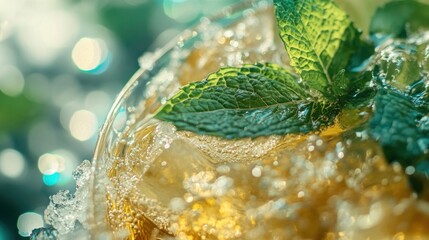 Wall Mural - A close-up of a refreshing drink with mint leaves and ice, evoking a summer vibe.