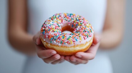 Canvas Print - A person holding a colorful donut topped with sprinkles, showcasing a sweet treat.