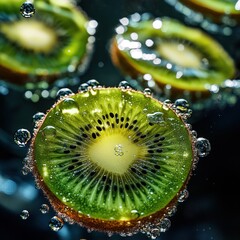 Canvas Print - A close-up of kiwi slices submerged in bubbles, showcasing freshness and vibrancy.