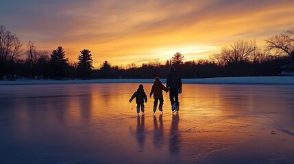 Canvas Print - A family ice skating at sunset, enjoying leisure time together on a frozen lake.