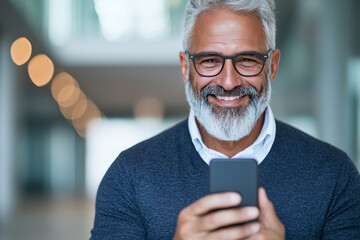 Wall Mural - Smiling man in glasses checks his phone