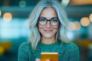 Wall Mural - Smiling woman in glasses looks at her phone.