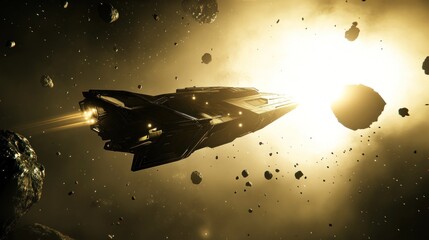 Wall Mural - a futuristic spaceship navigating through an asteroid field towards a bright star.