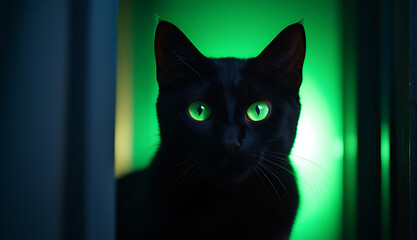 Wall Mural - glowing black cat neon green eyes emerging shadows