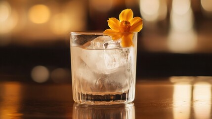 Minimalist cocktail design, showcasing a sleek, modern drink with clear spirits, a single ice cube, and a subtle garnish like a citrus twist or an edible flower