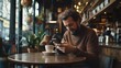 © sirisakboakaew - Mobile phone usage in a coffee shop, man scrolling through his phone while sipping a cup of coffee