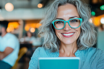 Wall Mural - Smiling woman in glasses looks at a tablet.