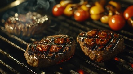 Wall Mural - Grilled steaks and vegetables sizzling on a barbecue grill.