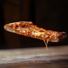 Wall Mural - A slice of pizza with melted cheese, suspended in the air, showcasing its deliciousness.