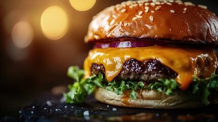 Poster - A close-up of a delicious cheeseburger with lettuce, onion, and melted cheese.