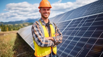 Wall Mural - young male engineer standing in front of solar panels