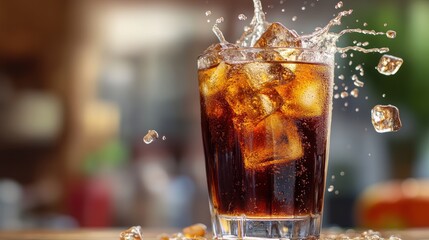 Wall Mural - A refreshing glass of cola with ice cubes splashing.