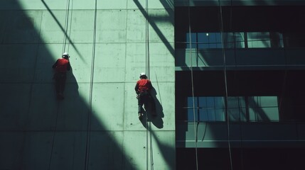 Wall Mural - Two workers in red harnesses rappel down a modern building's concrete facade.