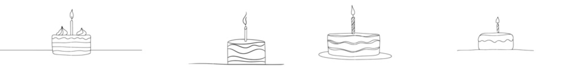 In continuous line art drawing style, a birthday cake with candles on top on an isolated white background.