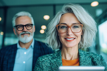 Sticker - Smiling woman with gray hair and a man in the background