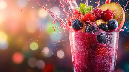 Canvas Print - A vibrant fruit smoothie with splashes, showcasing fresh berries and an apple slice.