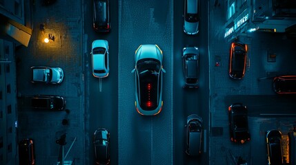 An autonomous parking assist system is visualized from the top, demonstrating secure road scanning and self-parking technology