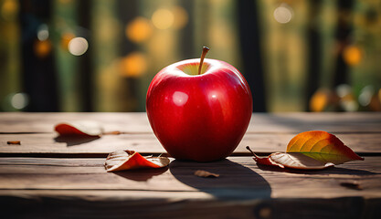 vibrant red apple rustic wooden table scattered leaves