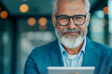 Canvas Print - Smiling man in glasses looking at a tablet.