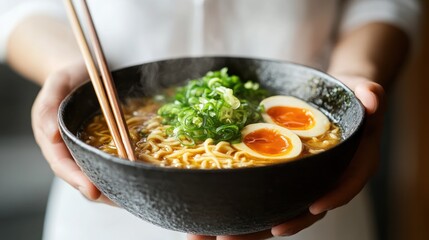 Poster - A person holds a steaming bowl of ramen topped with green onions and soft-boiled eggs.