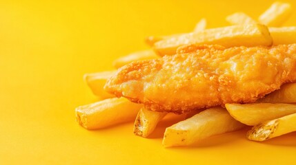 Wall Mural - A crispy fried fish fillet atop golden French fries against a bright yellow background.