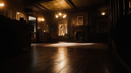 Poster - A dimly lit, vintage-style room featuring wooden floors and classic furnishings.